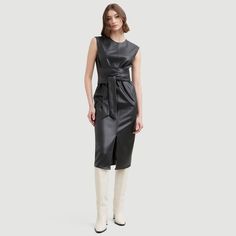 Leather Midi Dress For Date Night, Leather Midi Dress For Work, Chic Leather Workwear Dress, Fall Leather Midi Dress For Night Out, Leather Midi Dress For Night Out In Fall, Leather Midi Dress For Fall Night Out, Chic Leather Midi Dress For Date Night, Elegant Leather Midi Dress For Date Night, Modern Midi Dress For Date Night