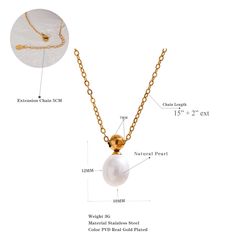 This 18k gold pearl necklace is a beautiful and timeless piece of jewelry that is suitable for a variety of occasions. It can be worn as an elegant accessory for formal events or as a statement piece with more casual outfits. Necklace Details: * 12mm x 10mm pearl suspended from a 7mm gold hammered bail * 18K gold / Stainless Steel Necklace Sizing: * 15 1/2" with 2" Extender Formal Pearl Drop Chain Necklace, Elegant Pearl Drop Chain Necklace, Elegant Pearl Pendant Chain Necklace, Elegant Pearl Chain Necklace With Pearl Pendant, Elegant Pearl Bridal Necklace With Clavicle Chain, Elegant Pearl Drop Chain Necklace For Formal Occasions, Elegant Pearl Chain Necklace For Party, Formal Pearl White Chain Necklace With Pearl Chain, Formal Pearl Chain Necklace With Adjustable Chain