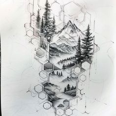 a drawing of mountains, trees and honeycombs on paper with hexagonal shapes