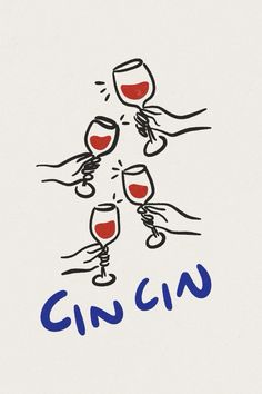 a drawing of three wine glasses with the words gin on them