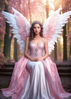 a woman dressed as an angel sitting on a bench in front of pink flowers and trees