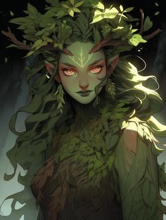 a woman with green leaves on her head and red eyes is standing in the woods