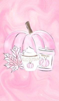 a pink background with an illustration of a pumpkin, jar and maple leaf