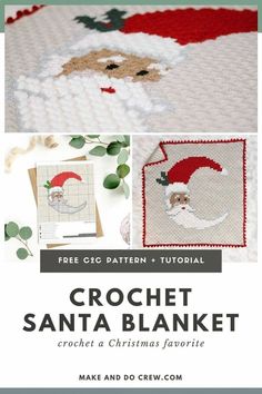 the crochet santa blanket pattern is shown with pictures of it and text that reads free