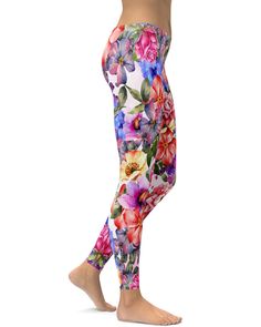 Do you already own floral leggings? If not, these Colorful Floral Leggings are the perfect style to complete your summer wardrobe. If yes, than you need to add these leggings to your collection of floral leggings to enlarge on your dynamic summer look. Our designer did a great job combining the different colors and different flowers making it an eye-catching legging. Stretch Floral Print Leggings, Spring Floral Print Stretch Leggings, Fitted Floral Print Leggings For Spring, Summer Full Length Stretch Leggings, Stretch Full Length Summer Leggings, Full Length Stretch Leggings For Summer, Pink Footless Leggings For Spring, Footless Pink Leggings For Spring, Spring Floral Print Yoga Activewear