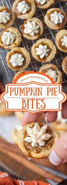 pumpkin pie bites on a cooling rack with the title text overlay reads, pumpkin pie bites