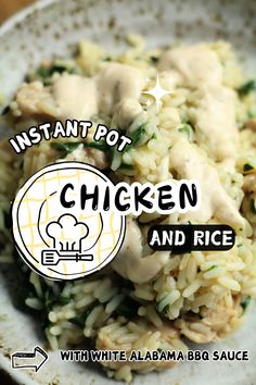 chicken and rice in a white bowl with the words instant pot chicken and rice on it