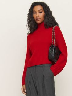 Layer up. Shop the Brooke Cashmere Cropped Turtleneck from Reformation, a cropped, turtleneck sweater with a flared sleeve and ribbing throughout. Cropped Turtleneck Sweater, Cropped Turtleneck, New Tops, Skirt Pants, Turtleneck Sweater, Vintage Collection, New Dress, Vintage Inspired, Top Brands