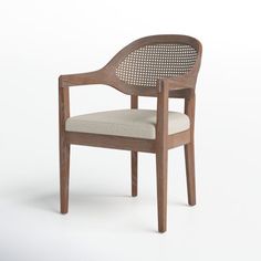 a wooden chair with a beige upholstered seat and backrest, on a white background