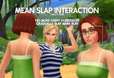 two women standing next to each other in front of a screen with text that reads mean slap interaction