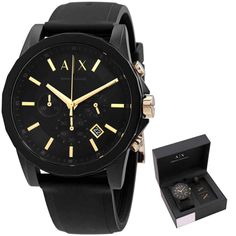 Men's Luxury Armani Exchange Gold & Black Dial Watch - Band New With Tags! - Limited Quanity -100% Authentic - Full Retail Package With All Accesories About The Watch: Dial Color: Black Water Resistance: 50 Meters / 165 Feet Case Size: 45 Mm Band Width: 22 Mm Case Diameter: 45 Mm Movement: Quartz Case Material: Stainless Steel Caseback: Solid Features: Chronograph, Date, Hour, Minute, Second Black Chronograph Watch With Chronometer As A Gift, Designer Black Watches Ideal For Gifts, Designer Black Watch As Gift, Designer Black Watches For Gifts, Designer Black Watches For Gift, Designer Black Chronograph Watch For Formal Occasions, Designer Black Chronograph Watch For Formal Events, Designer Black Watches With Subdials, Designer Black Watch Accessories With Tachymeter