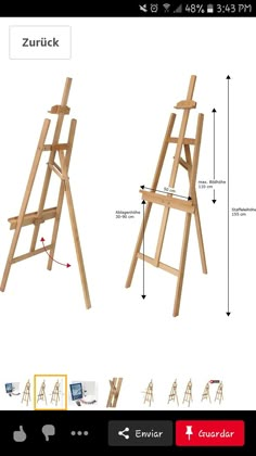 a wooden easel is shown with measurements for the top and bottom sections on it