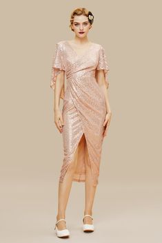 Glamorous V-neck Evening Dress With Contrast Sequin, Fitted V-neck Sequin Fabric For Evening, Holiday V-neck Embellished Sequin Dress, Gold V-neck Midi Dress For Party Season, Gold V-neck Midi Dress For Party, Gold V-neck Evening Dress For Summer, Gold V-neck Sequin Dress For Formal Occasions, Glamorous Embellished V-neck Midi Dress, V-neck Contrast Sequin Party Dress