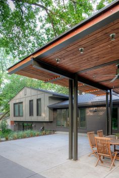 an outdoor covered patio with table and chairs