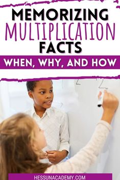 two children writing on a whiteboard with the words, memoizing multiplication fact