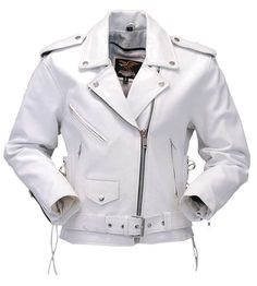 White Leather Motorcycle Jacket w/Side Lace #L6027LW White Bike, White Motorcycle, White Leather Jacket, Womens Biker Jacket, Motorcycle Leather, Leather Hats, Leather Shirt, Lady Biker, Leather Motorcycle Jacket