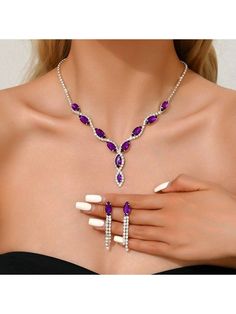 3pcs Elegant Purple Crystal Leaf Tassel Necklace And Earrings Jewelry Set For Women, Weddings, Birthdays, Parties Black,Green,Pink,Purple,Red,Royal Blue,Lake Blue,Transparent    Glass Rhinestone     Women Fashion Jewelry, size features are:Bust: ,Length: ,Sleeve Length: Amethyst Jewelry Set, Azul Color, Inlaid Jewelry, Purple Collar, Women's Jewelry Sets, Purple Rhinestone, Purple Crystal, Blue Lake, Amethyst Jewelry