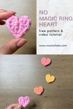 crocheted hearts being held in front of the camera with text that reads, no magic ring heart free pattern and video tutor