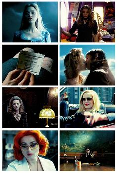 the collage shows many different scenes from movies, including an image of a woman with red hair and glasses