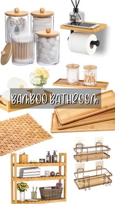 bamboo bathroom accessories are arranged on shelves