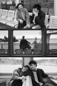 black and white photograph of two people sitting on a train with their arms around each other