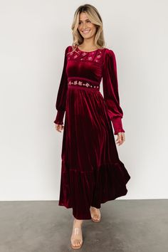 Ingrid Velvet Maxi Dress | Merlot Maternity Christmas Dress, Velvet Christmas Dress, Color Outfits, Merlot Color, Eucalyptus Green, Trendy Christmas Outfits, Cute Modest Outfits, Flower Embellishments, Fitted Maxi Dress