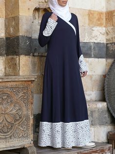 Full length V-neckline Contrast faux crossover look Side seam pockets Lace detailing on cuffs and hem Model is 168cm (5 feet 6 inches) and wearing size M. Item Code: wD2371 Extra Fabric, Comfortable Dress, Body Size, Different Fabrics, Midnight Blue, Jersey Fabric, Lace Detail, Crossover, Knit Jersey