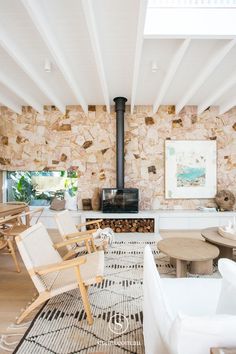 a living room filled with furniture and a fire place in the middle of it's wall