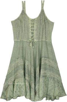 A very intricate and detailed medieval-style rayon midi dress that is sure to make you stand out from the crowd with its classic style! The dress has beautiful detailing on the front, which resembles a corset, and the uneven hemline looks very flattering on all shapes and sizes. The strappy style keeps cool and the smocking on the back gives a bit of flexibility of size. #tlb #Sleeveless #Stonewash #Embroidered #Lace #bohemianfashion #VintageDress #westerndress #renaissancedress #medievaldress # Witchy Green Dress, Fitted Medieval Summer Dress, Fitted Medieval Style Summer Dress, Fitted Medieval Dress For Summer, Gothic Summer Corset Dress With Lace Trim, Gothic Sleeveless Corset Dress For Summer, Gothic Sleeveless Dress With Lace-up Back, Fitted Bohemian Dress With Lace-up Back, Bohemian Fitted Dress With Lace-up Back