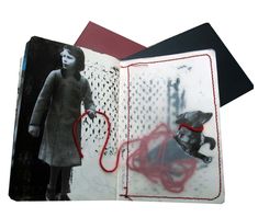 an altered photograph of a girl with a dog on her leash and in the book