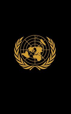 the united nations logo in gold on a black background with an image of the earth