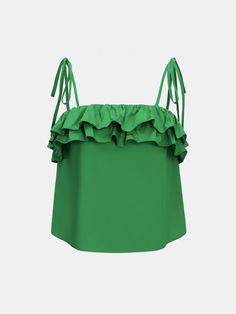 Meet the Green Tie Shoulder Ruffle Neck Cami! Its vibrant color and breezy design will make every day feel like vacation. Product code: CAA04A4D030QQ Features:  Woven Square neckline Sleeveless Shoulder ties Tiered ruffles Cropped fit Wash Method: Regular Wash Material: 100%COTTON. Green Sleeveless Top With Tie Straps, Green Summer Tank Top For Party, Summer Tank Top With Tie Straps For Vacation, Summer Vacation Tank Top With Tie Straps, Green Tops With Tie Straps For Day Out, Summer Vacation Tops With Ruffled Straps, Chic Ruffled Straps Tank Top For Vacation, Summer Beach Tops With Ruffled Straps, Summer Tops With Ruffled Straps For Beach