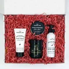 Shower him with love and affection with this one of a kind self care gift box. Filled with facial, body and grooming essentials this gift set is a smash hit for any of the men in your life, from a husband, boyfriend, brother or dad any man that you love would love to indulge in this thoughtfully curated care box. For Valentines, Birthday or Fathers Day this box can be that perfect stand out gift for your outstanding guy.  Content: 1 - 3.38 oz. Facial Wash 1 - 5.07 oz. Moisturizing Body Wash 1 - 3.38 oz. Hair Pomade 1 - 3.8 oz. Bourbon Candle Packaging Info: Please keep in mind this box is packaged for safe shipping, to keep your items in tact. However, due to various circumstances the arrangement may shift during transit and may vary slightly. A Note About Substitutions At Hydrangea Etchin Men Skin Care, Skin Care Gift Set, Husband Birthday Gift, Personalized Gift Baskets, Man Candle, Hygge Gifts, Gift Box For Men, Valentines Gift Box, Care Box