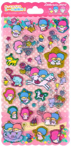 an assortment of cartoon stickers on a pink background