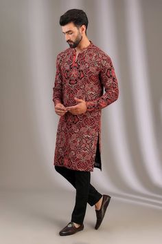 Black kurta with multicolour resham thread embroidered paisley and floral jaal patterns, embellished by sequins. Comes with pant. - Aza Fashions Black Kurta, Cocktail Reception, Kurta With Pants, Pants Pattern, Embroidered Silk, Mandarin Collar, Black Silk, Cotton Silk, Aza Fashion