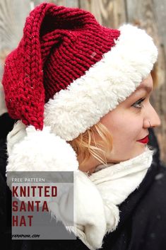 a woman wearing a red and white santa hat with text overlay that reads free knit santa hat