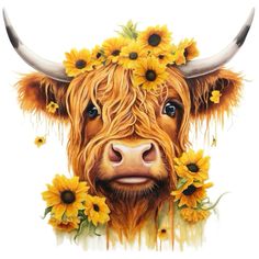 a painting of a cow with sunflowers on its head