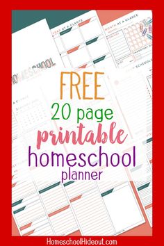 the free printable homeschool planner is shown with text overlay that reads, free 20 page printable homeschool planner