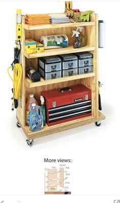 a wooden shelf with tools and other items on top of it, next to an advert