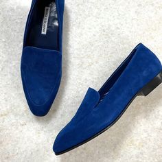 Never Worn Size 38.5 But Slightly Large For Me So Selling. Comes With Box Blue Slip-on Formal Loafers, Luxury Blue Slip-on Loafers, Blue Slip-on Loafers With Leather Sole, Blue Leather Sole Slip-on Loafers, Blue Loafers With Rubber Sole For Galas, Luxury Blue Loafers With Rubber Sole, Elegant Blue Loafers For Workwear, Elegant Blue Loafers For Work, Blue Suede Loafers With Almond Toe