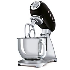 an image of a silver mixer with black handle and bowl on white backgroud