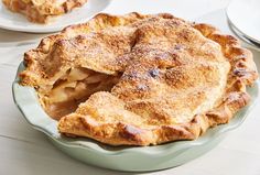 an apple pie is shown on a plate