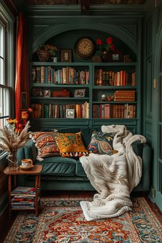 home library inspo, home library ideas, moody library Relaxing Study Room, 70s Home Library, Library Living Room Ideas Cozy, Cozy Green Library, Small Library With Fireplace, Library Plant Room, Dark Cottagecore Library, Dark Purple Library, Cozy Living Room Library