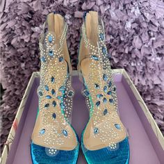 Tinstree Rhinestone Block Chunky High Dress Heels T-Strap Sandal. Brand New Never Worn. Size 9 Glamorous Blue Party Sandals, Blue Party Heels With Rhinestones, Awesome Bed, Dress Heels, Protection Crystals, Rhinestone Sandals, T Strap Sandals, Fantasy Jewelry, Dress And Heels