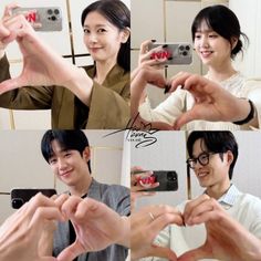 two people holding up their hands in the shape of a heart, and one person taking a selfie with his cell phone