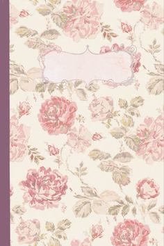 an old fashioned wallpaper with pink flowers and a white frame on the bottom corner