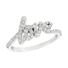 a white gold diamond ring with the word love written in cursive letters on it