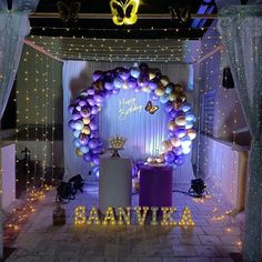 an archway decorated with balloons and lights for a birthday party or wedding reception at the same time