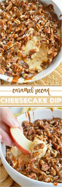 two pictures showing how to make caramel pecan cheesecake dip in a casserole dish