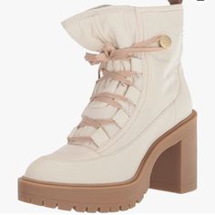 Nylon Lace Up In Ivory Cream 4 In Heel Will Go With Everything Sold Out Colorway New No Box Free Shipping 100+ Bundle To Save Cream Synthetic Boots For Winter, Cream Synthetic Winter Boots, Winter Cream Synthetic Boots, Beige Synthetic Boots With Lug Sole, Chic Cream Boots With Lug Sole, Beige Boots With Padded Heel For Spring, Cream Round Toe Boots For Spring, Chic Beige Lace-up Boots, Trendy Beige Boots With Padded Ankle